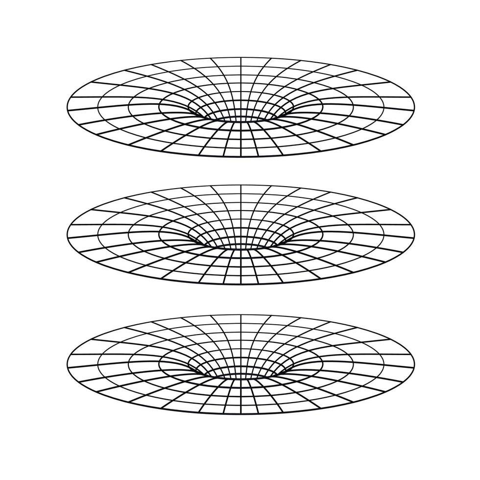 Abstract wireframe gravity wells in space-time grid illustration showing curvature distortion in black holes vector