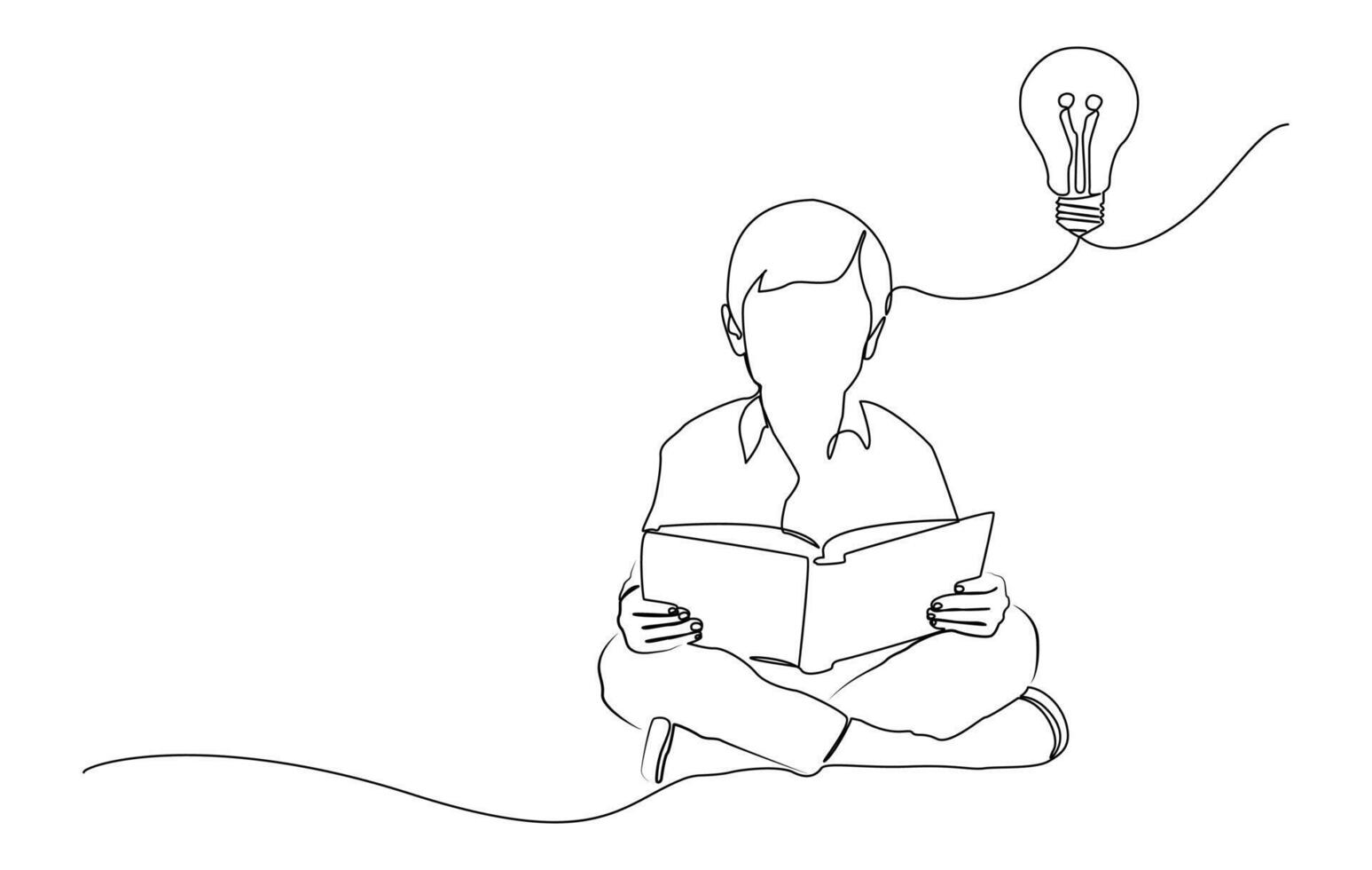 Minimalist single line art of a child sitting and reading a book with a light bulb of ideas lit above his head. A powerful concept symbolizing learning, imagination, creativity. vector