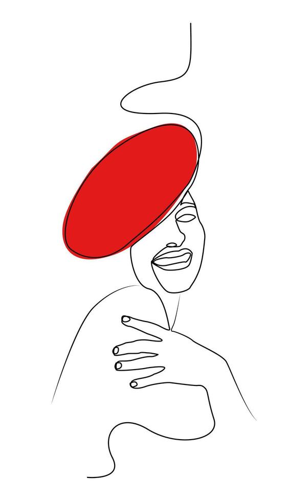 A stylish one-line drawing of a fashionable woman wearing a red beret and smiling. This minimalist illustration is perfect for fashion editorials, modern branding, lifestyle blogs, posters, etc. vector