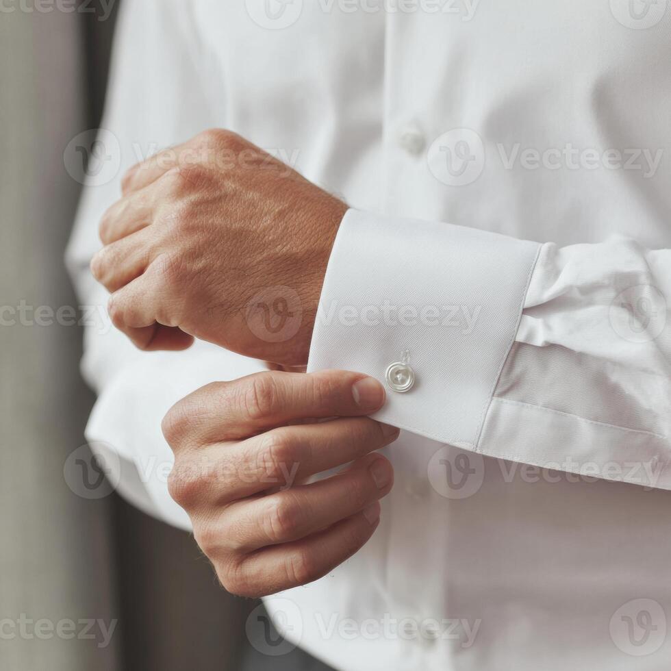 A man adjusting his cuff on his white shirt photo