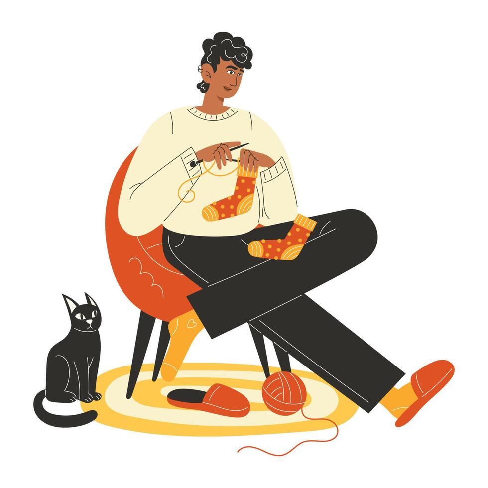 Person knitting socks with cat vector