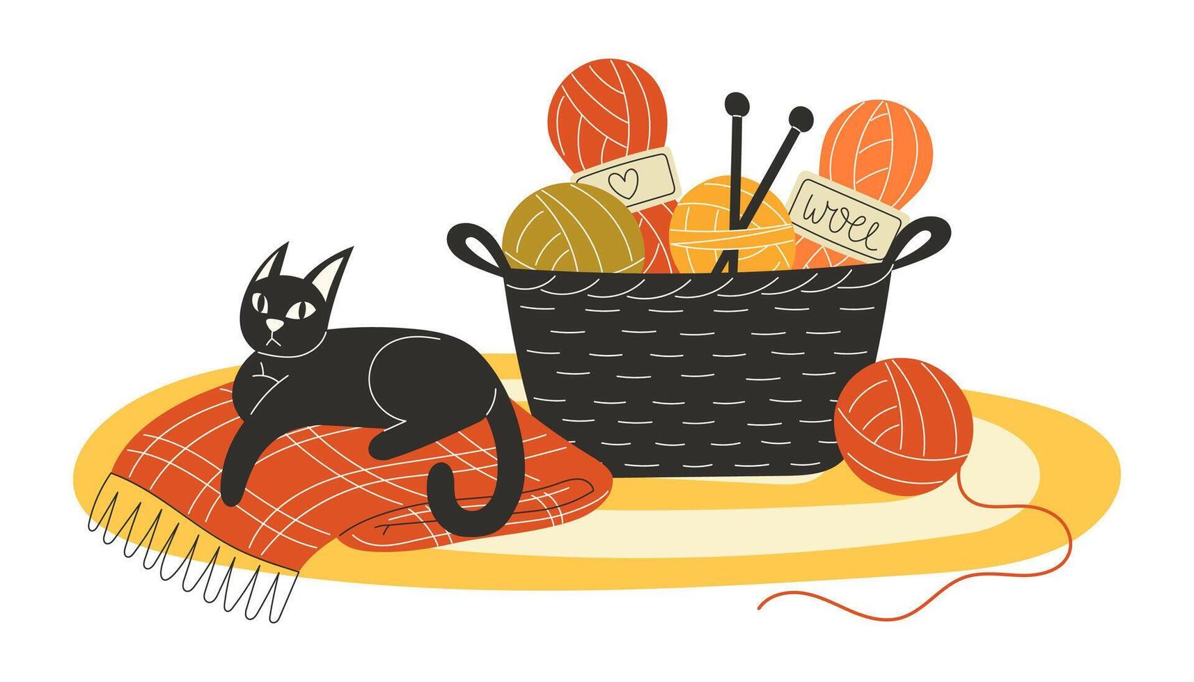 Cat with basket of colorful yarn vector