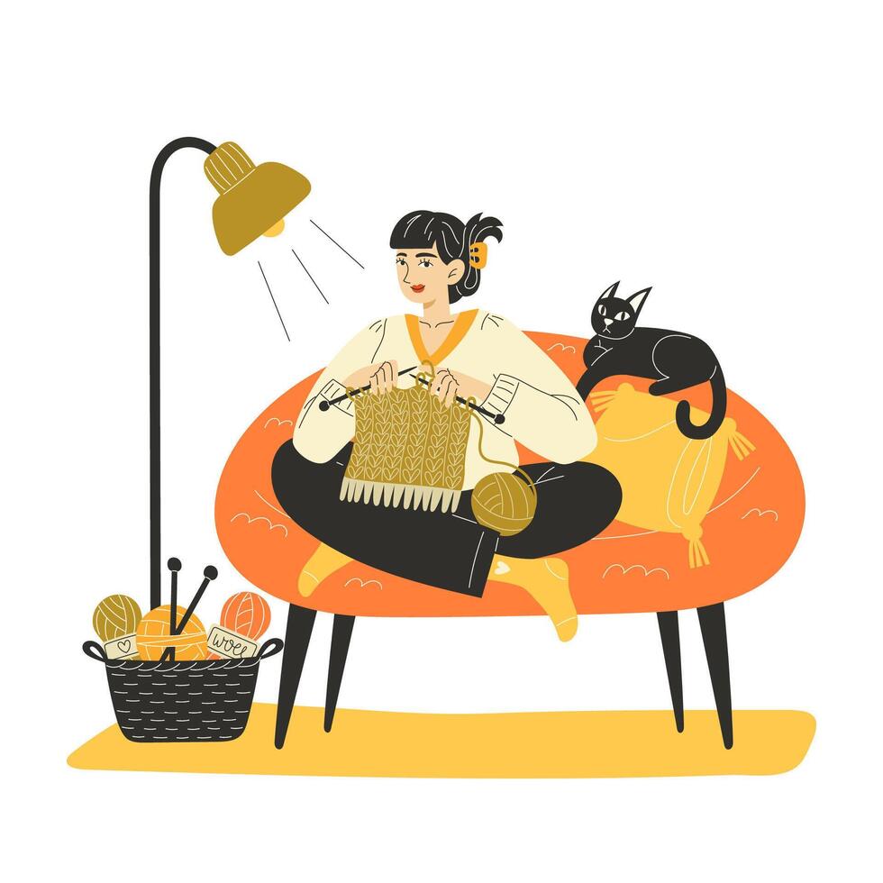 Young Woman Knitting with Needles on a Cozy Sofa with Cat and Yarn Basket Flat Illustration vector