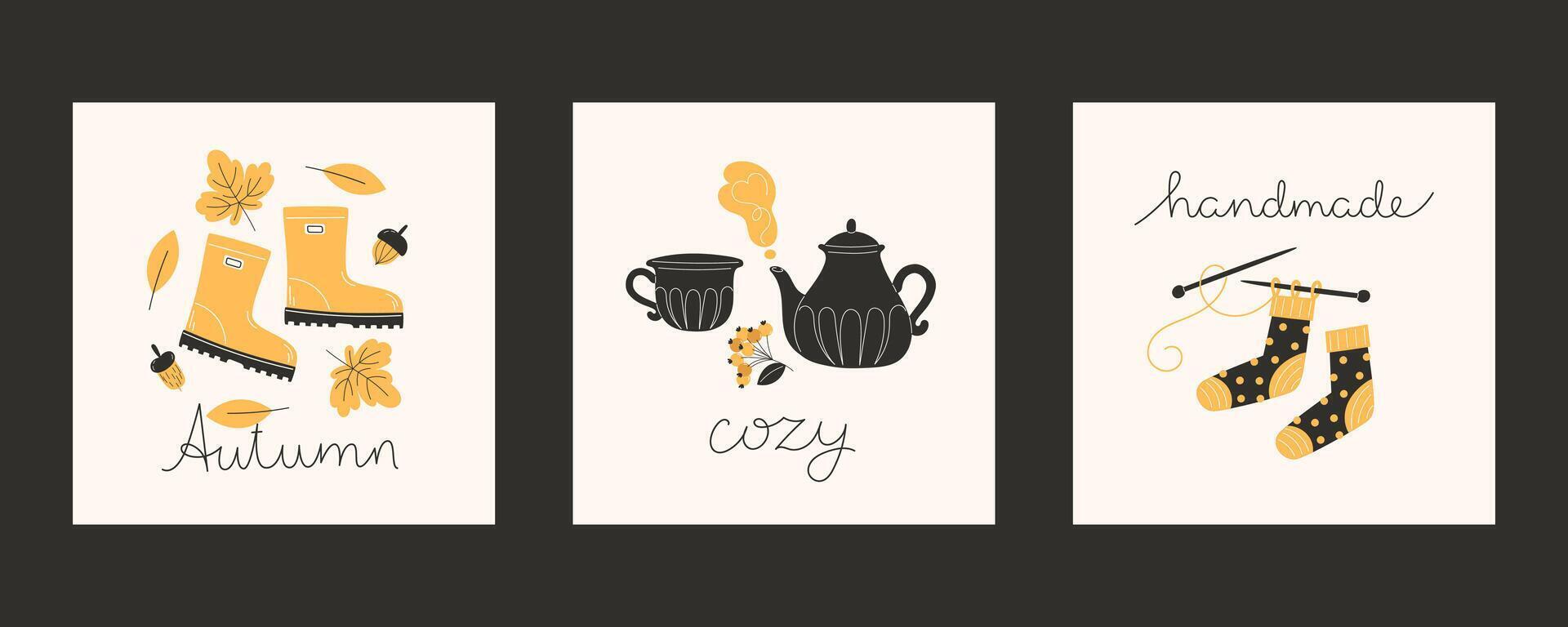 Cozy autumn fall illustration set for cards and social media featuring knitting hot drinks and walk with rubber boots in flat style vector