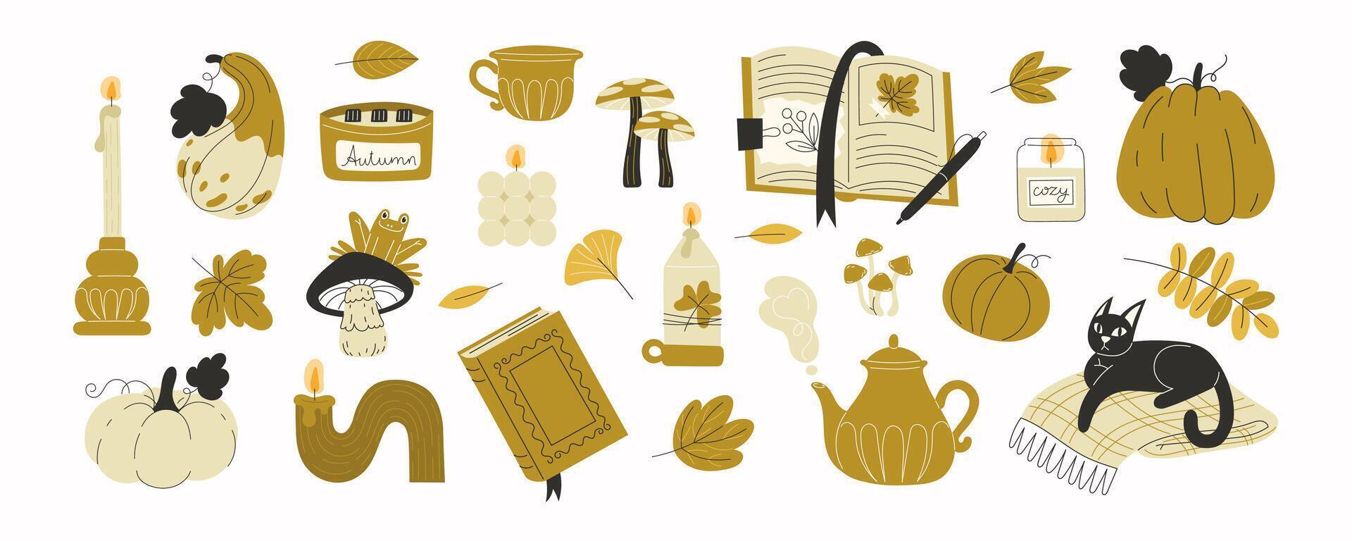 Autumn-themed cozy illustrations with pumpkins vector
