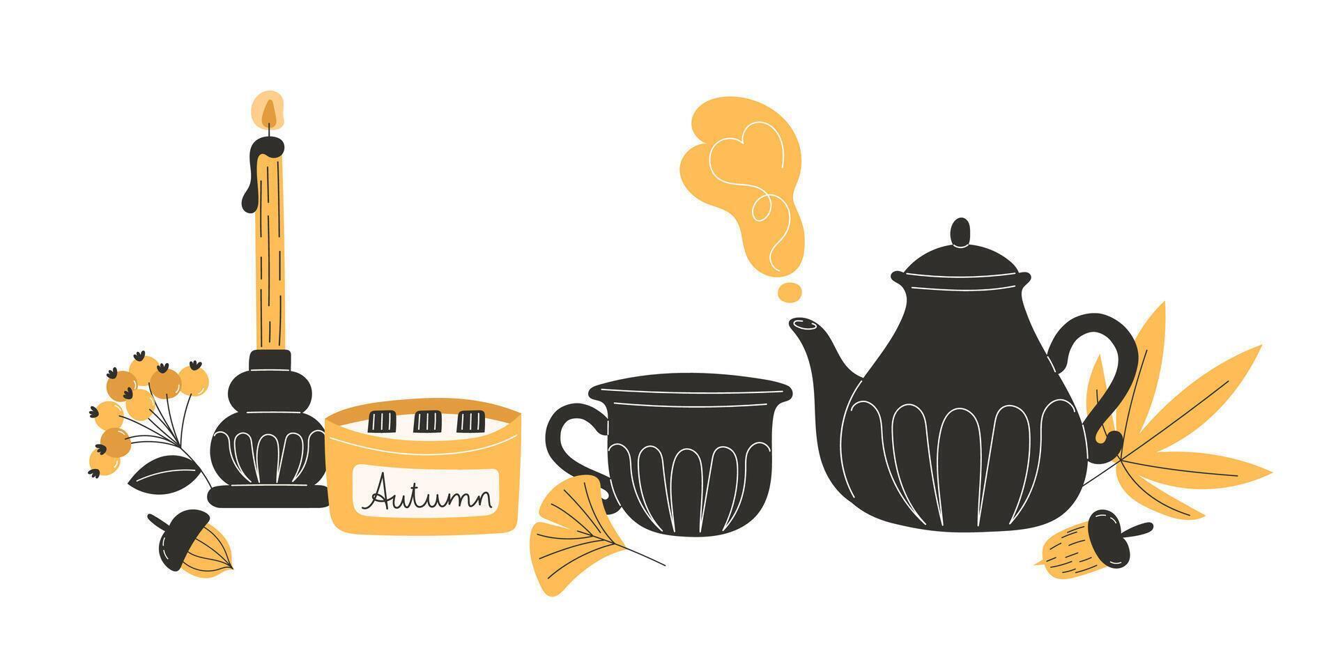 Cozy autumn tea time illustration with candles decorated by fall leaves nuts and berries in flat style for banners and websites vector