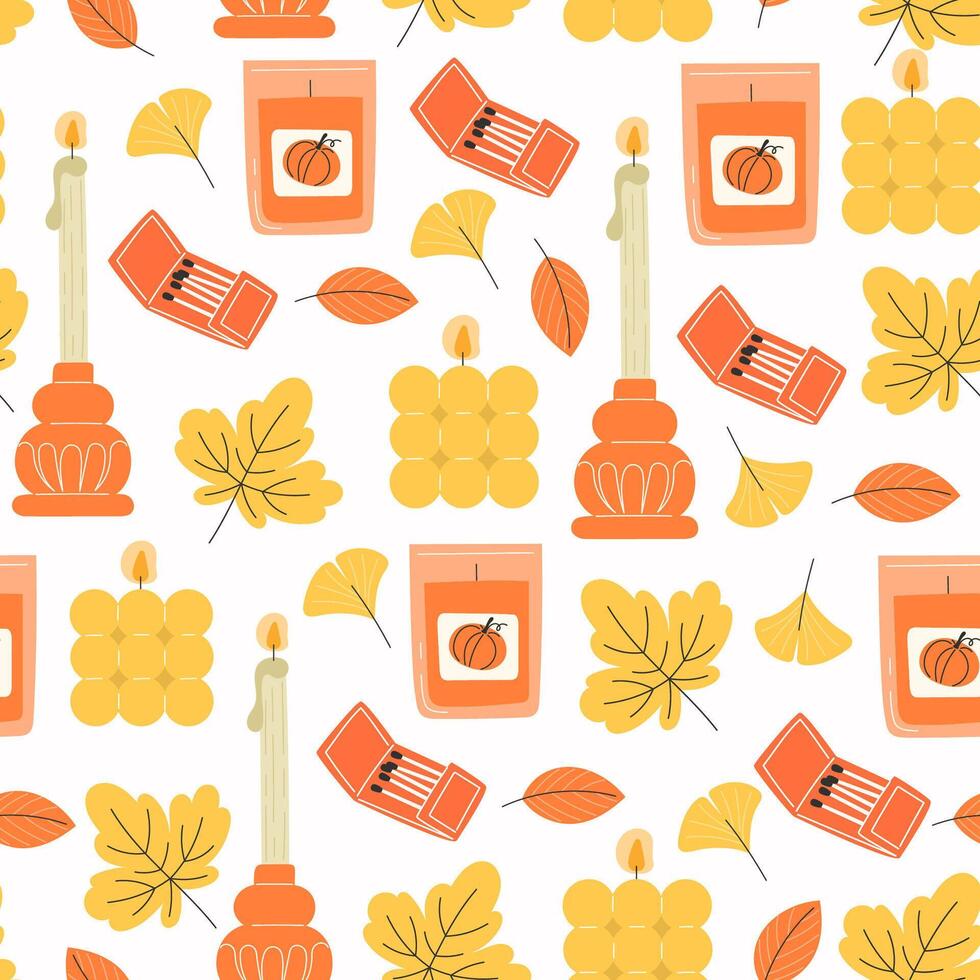 Seamless Pattern of Autumn Scented Candles and Fall Leaves in Flat Style with Warm Yellow and Orange Colors vector
