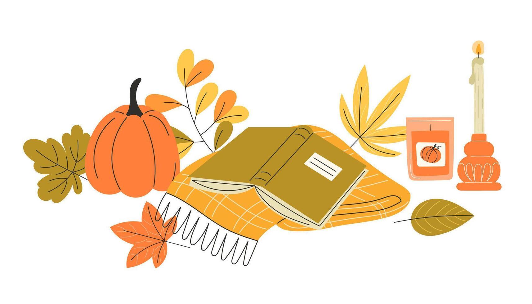 Cozy Autumn Illustration with Book, Blanket, Pumpkins, Leaves and Decorative Candles, Perfect for Posters, Greeting Cards or Seasonal Web Design vector