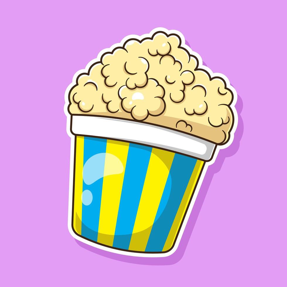 Delicious popcorn in a blue stripped bucket illustration cartoon isolated with simple style design concept. Cinema, Entertainment, films. Icon vector