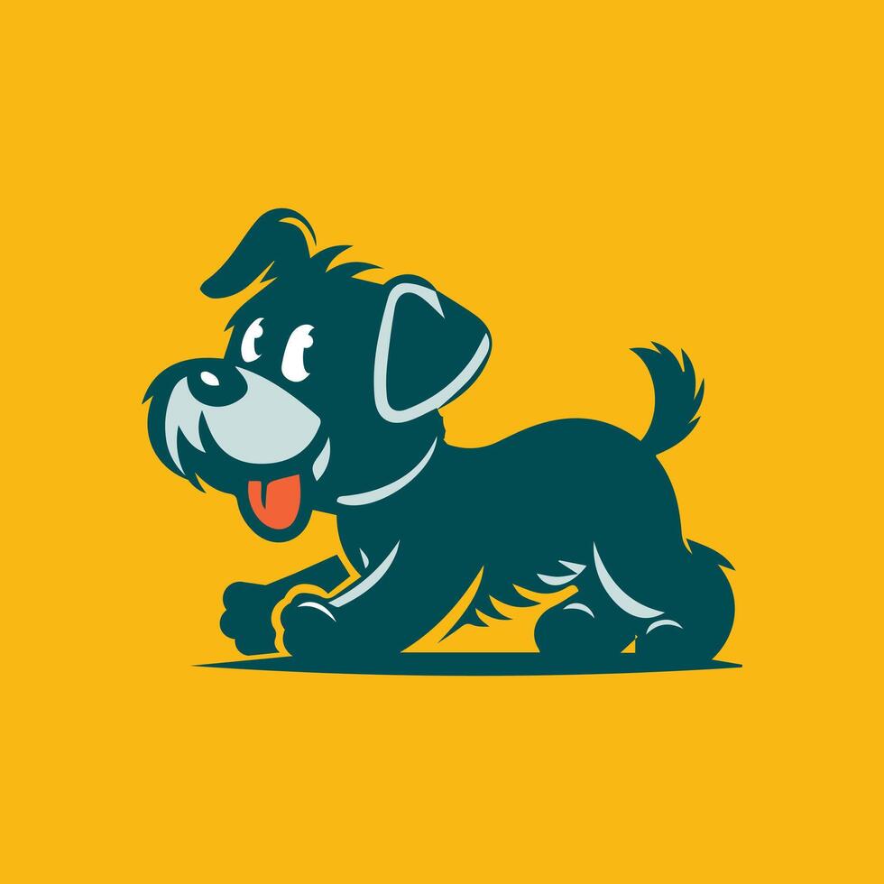 A cheerful cartoon illustration of a dark-colored dog with white muzzle and paws, a wagging tail, and its tongue out. Isolated on yellow background vector
