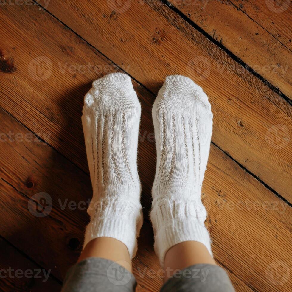 A person wearing white socks on a wooden floor photo