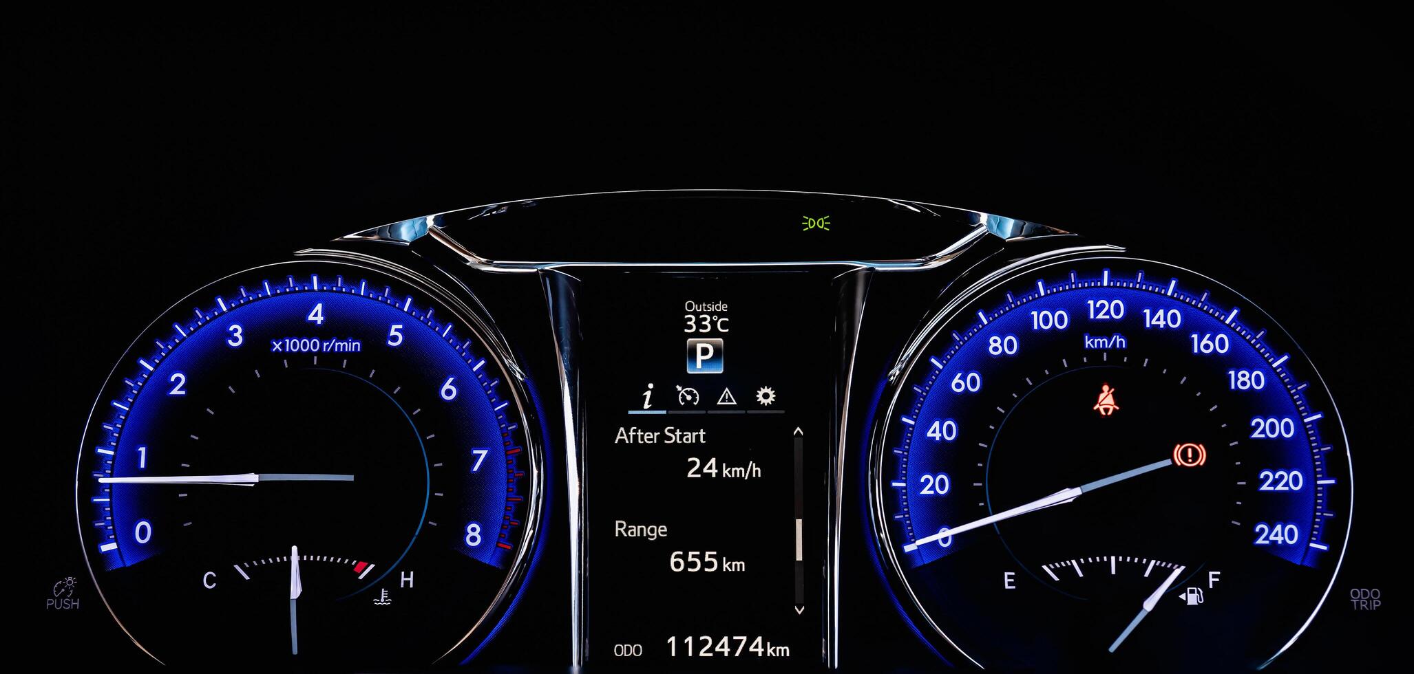 Close up of car dashboard modern Instrument automobile panel with Odometer, speedometer, tachometer, fuel level. photo