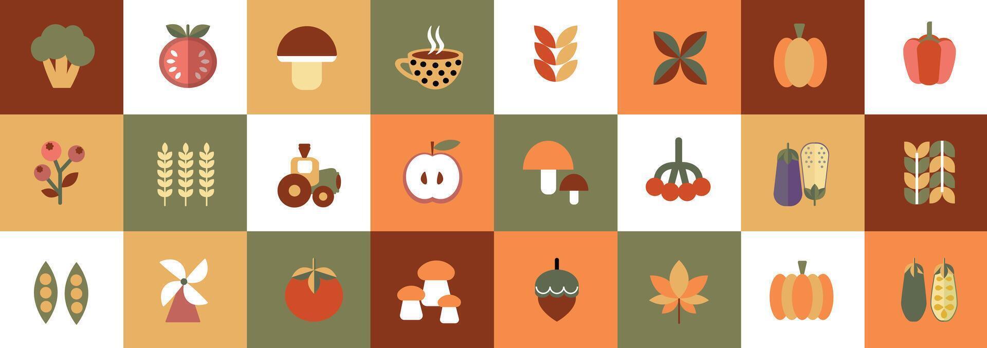 Colorful fruits and vegetables icons grid vector