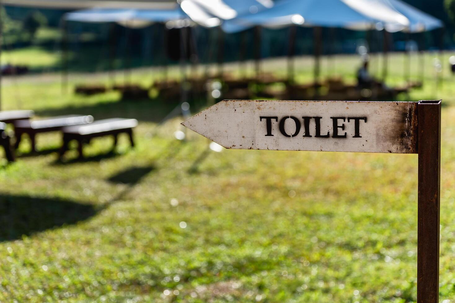 Old vintage metal toilet outdoor sign in public garden at summer day. photo