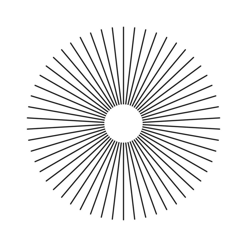 Template of circular lines. Radial circle lines. Sun star rays symbol. Spokes with radiating stripes, flat element isolated on a white. Abstract geometric shape, illusion. vector