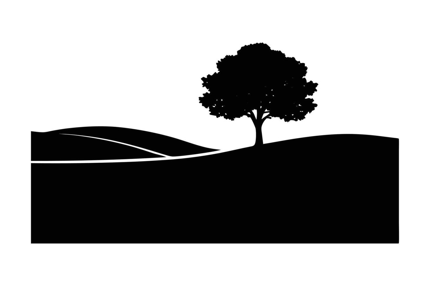 A black silhouette art of rolling countryside with a single tree vector