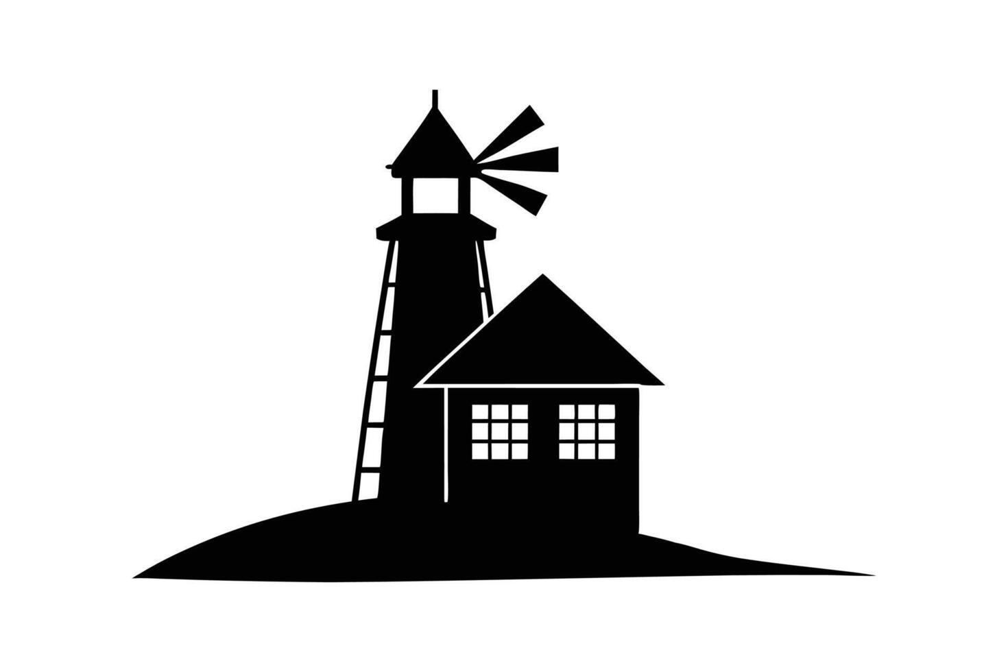 A black silhouette art of a traditional wind tower house vector
