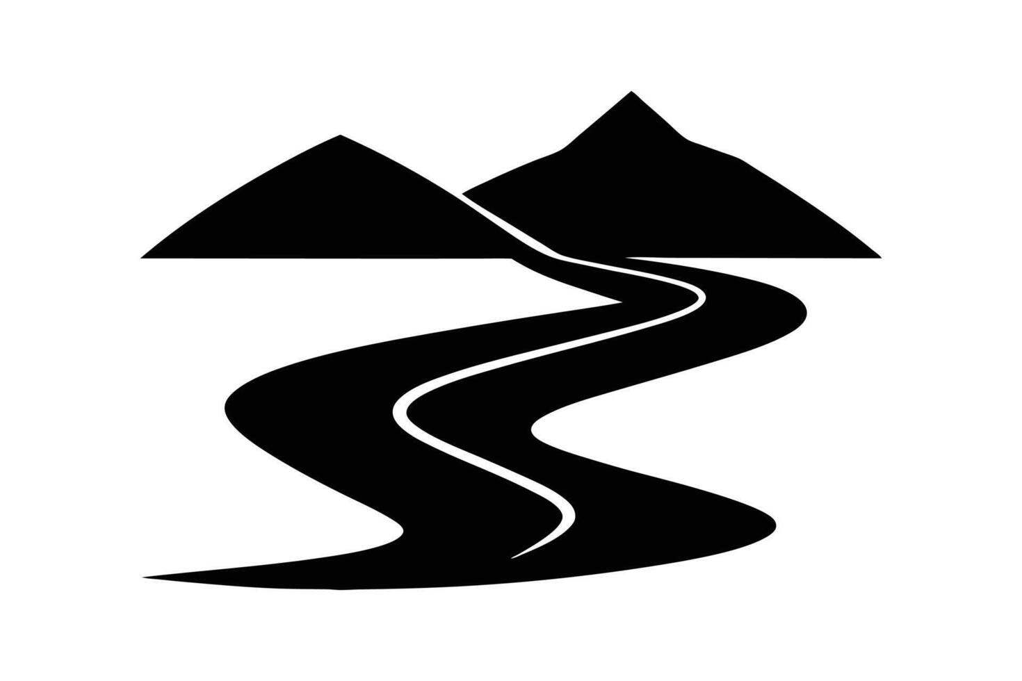 A black silhouette art of a winding river through hills vector