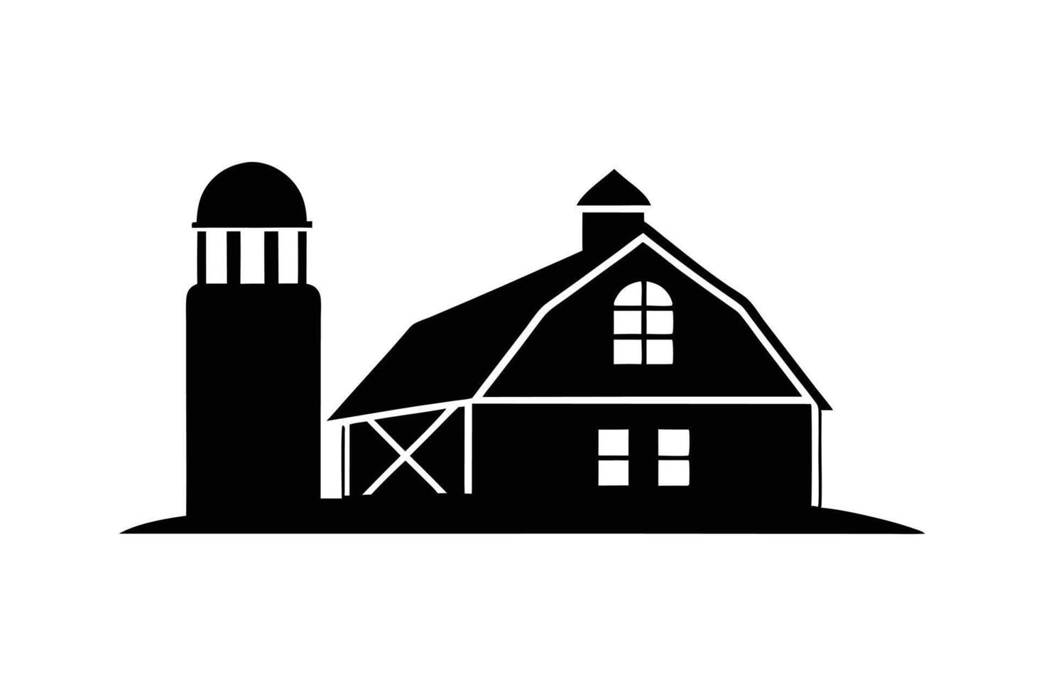A black silhouette art of a classic barn with silo vector