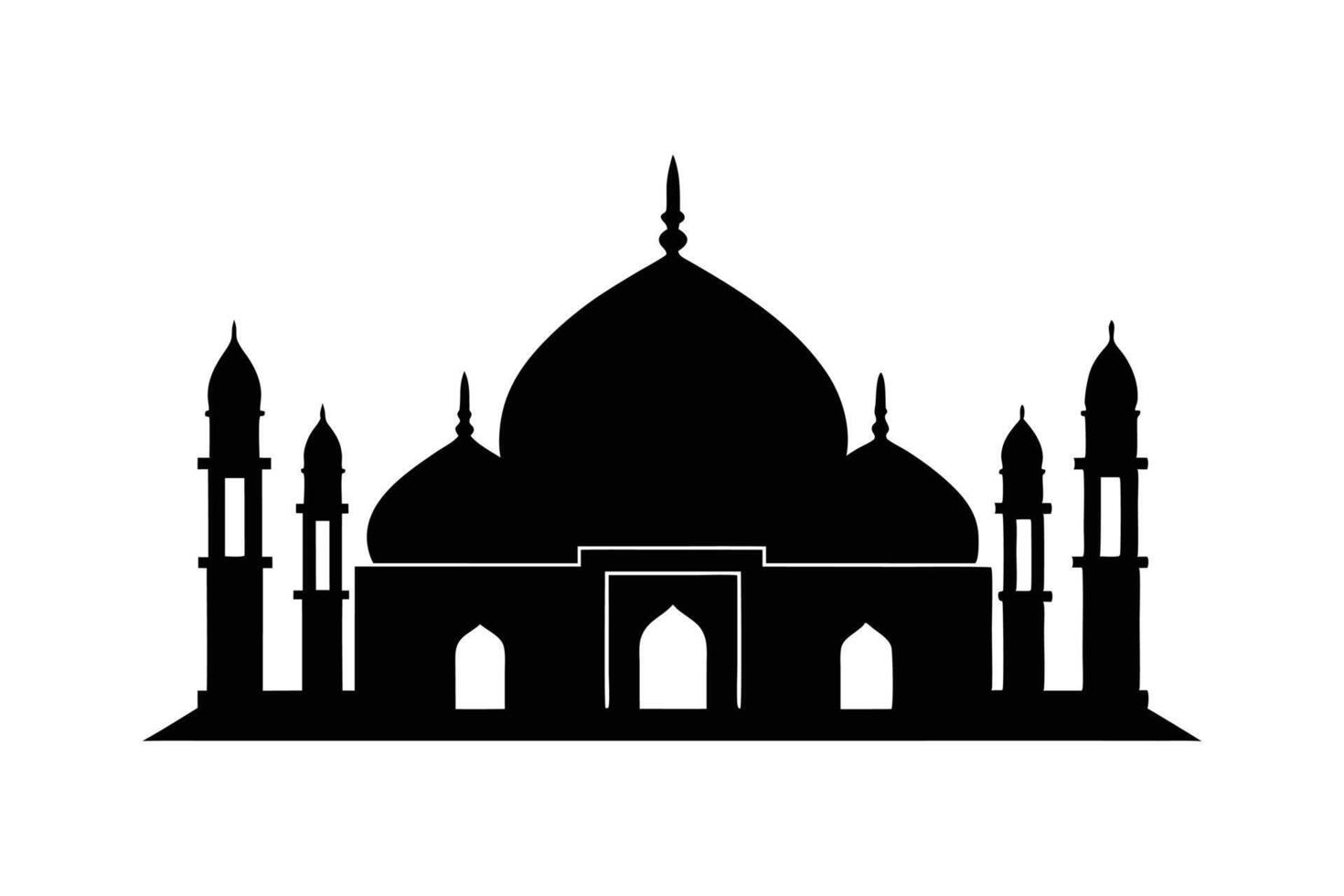 A black silhouette art of a dome-shaped mosque with minarets vector