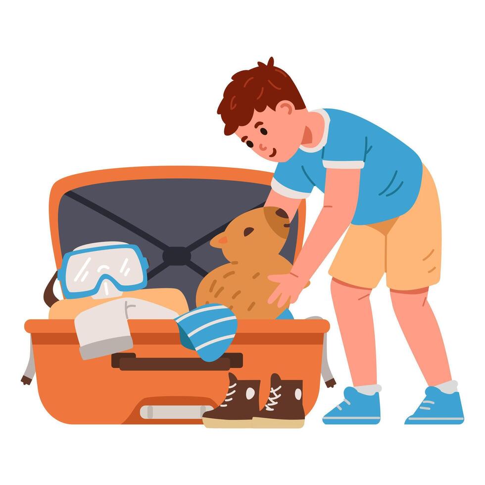 Boy packing a suitcase with a pet vector