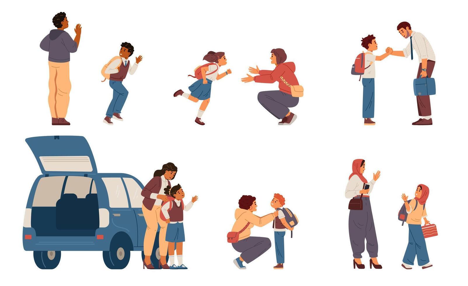 Family interactions during school drop-offs vector