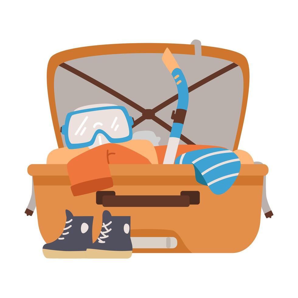 Open suitcase with things for summer vacation inside flat illustration isolated on white. vector