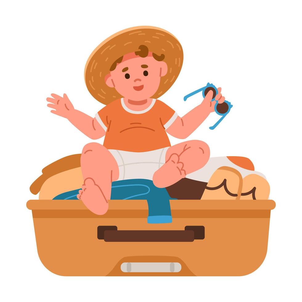 Child sitting in suitcase with sunglasses vector