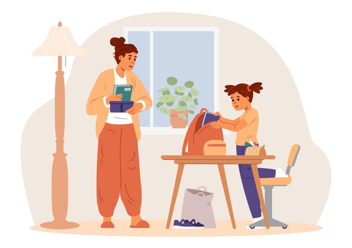 Mother and daughter preparing for school picking up school bag together at home flat illustration. vector