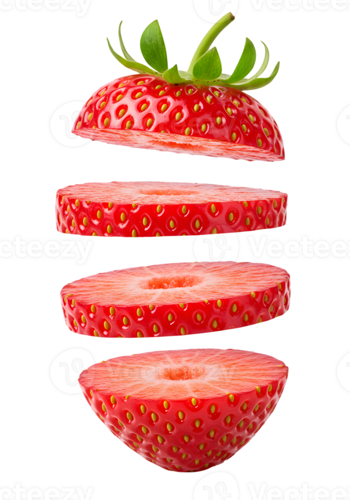 Deconstructed strawberry delight a visually appealing composition in floating slices on transparent background png