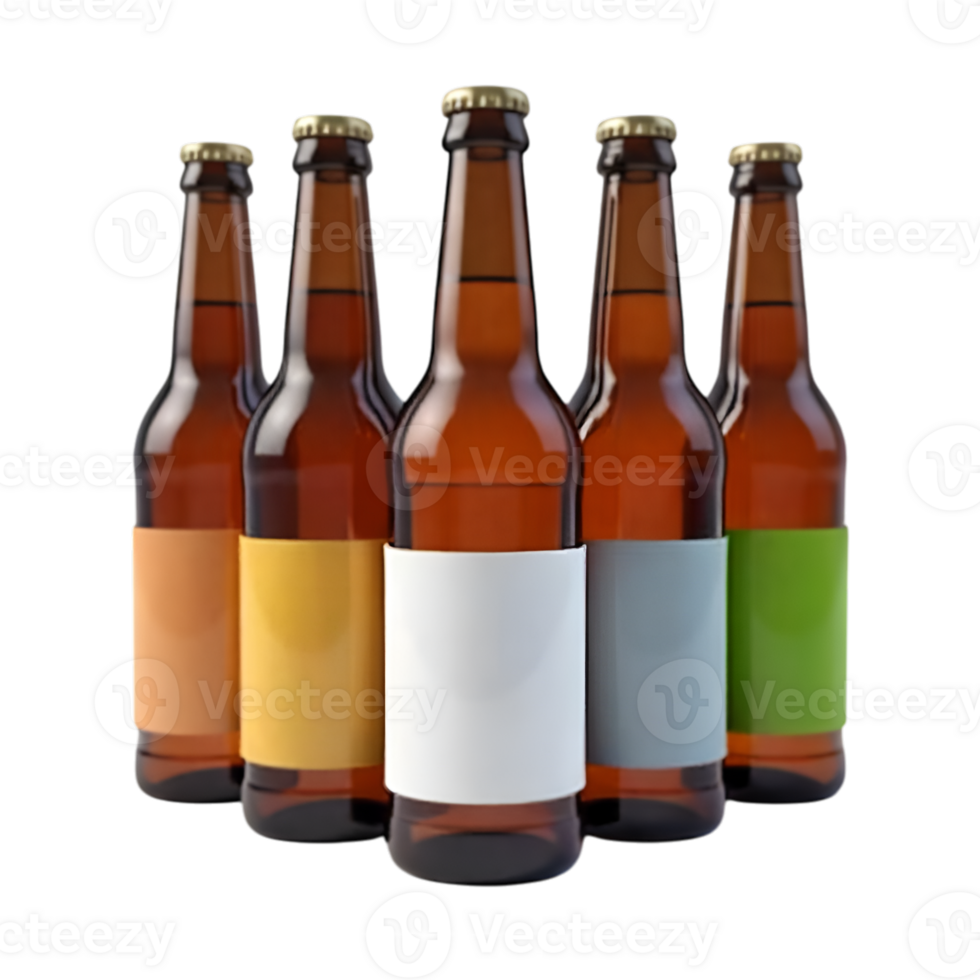 A row of amber beer bottles with colorful labels on transparent background png