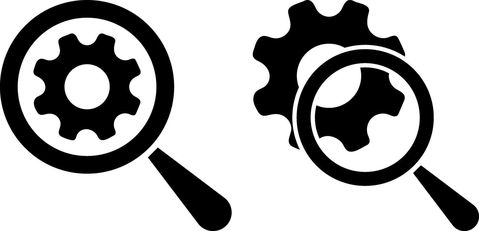 search engine optimization seo icon. Magnifying glass gear search engine. Research tool concept. find information. Loupe logo icons. Explore and discover symbols vector