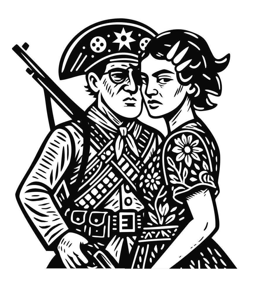 Lampiao and Maria Bonita. Cangaceiros, folk heroes of Brazil. Brazilian cordel style. Northeast woodcut vector