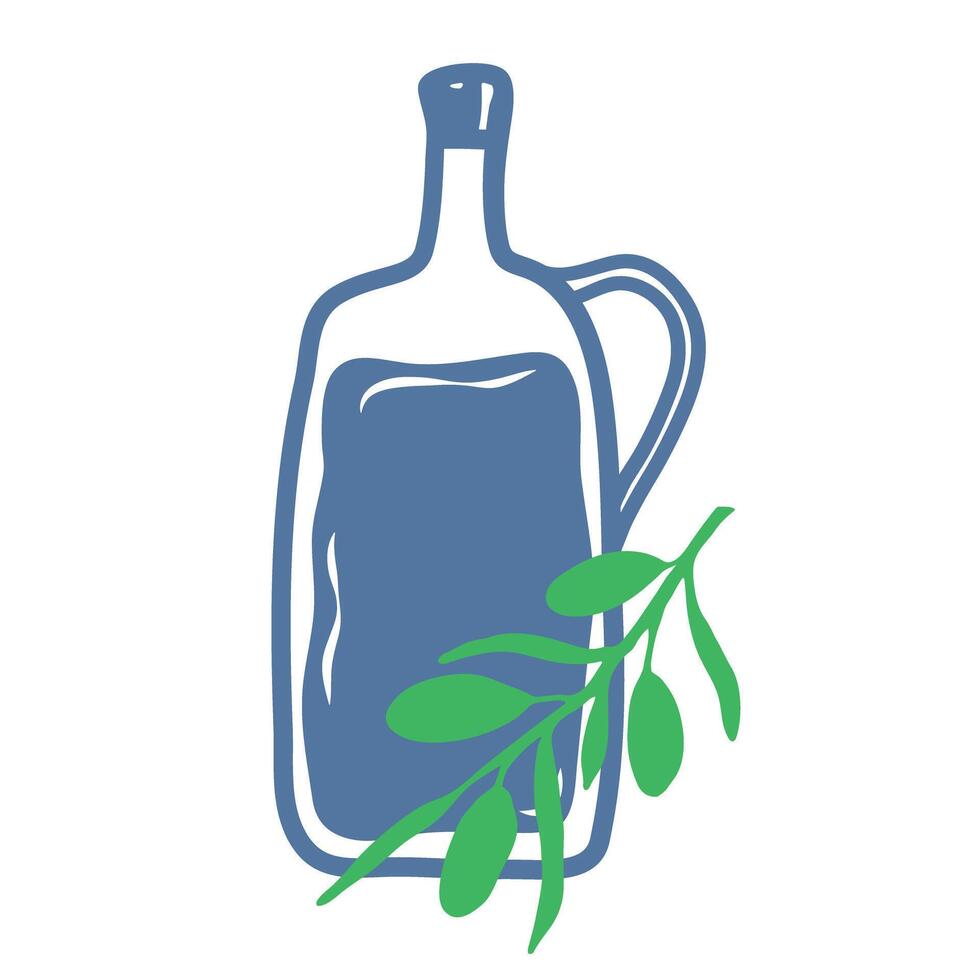 Hand drawn bottle olive oil in doodle style. Mediterranean summer element for italian menu, wedding, print, invitation. Ink sketch olive design. Flat minimal illustration. vector