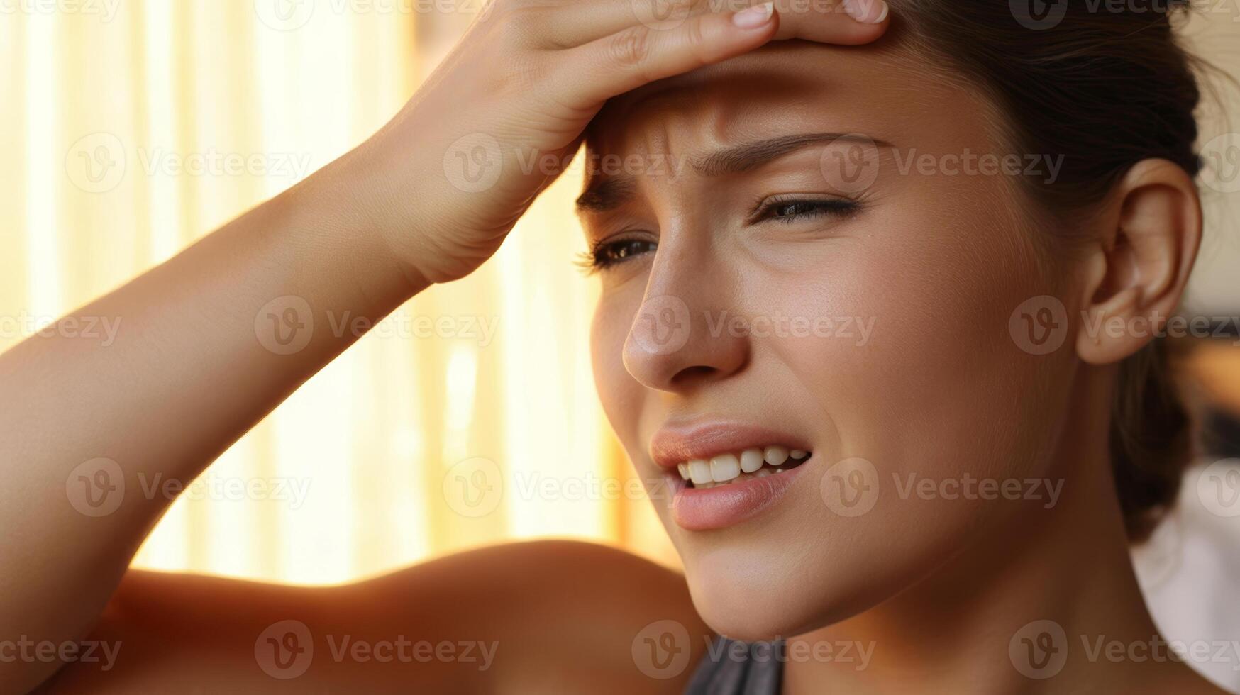 Heat stroke. Young woman headache hand on forehead discomfort indoor sunlight health stress,sunstroke,exhaustion,hot weather,heat summer,sun exposure,dehydration in high temperature overheating photo
