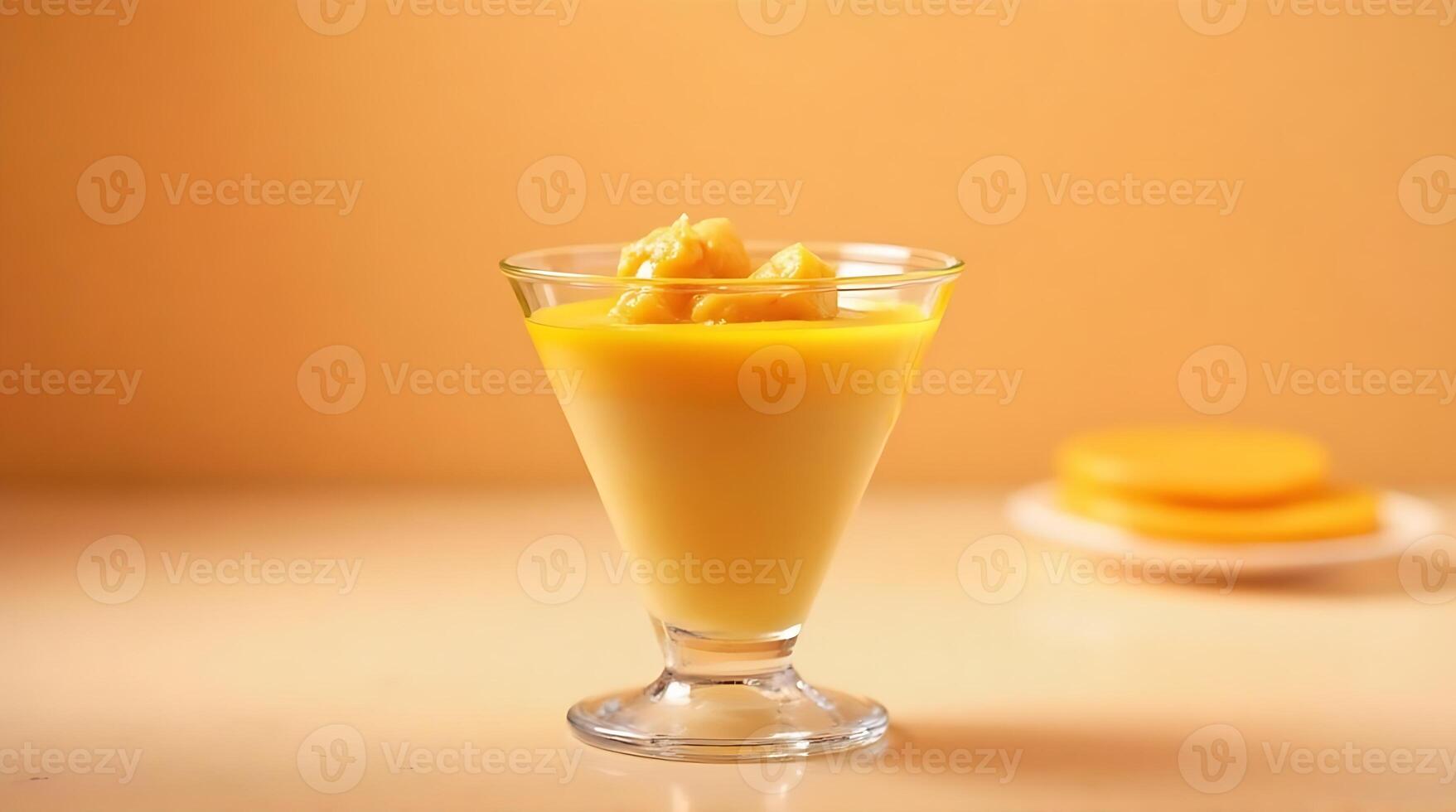 Mango pudding in glass with fruit pieces on top, against a warm orange background photo