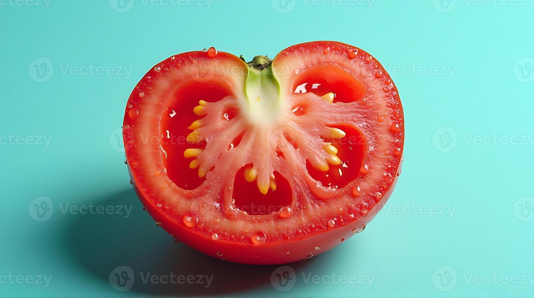 Sliced tomato with glistening droplets against a vibrant turquoise backdrop. photo