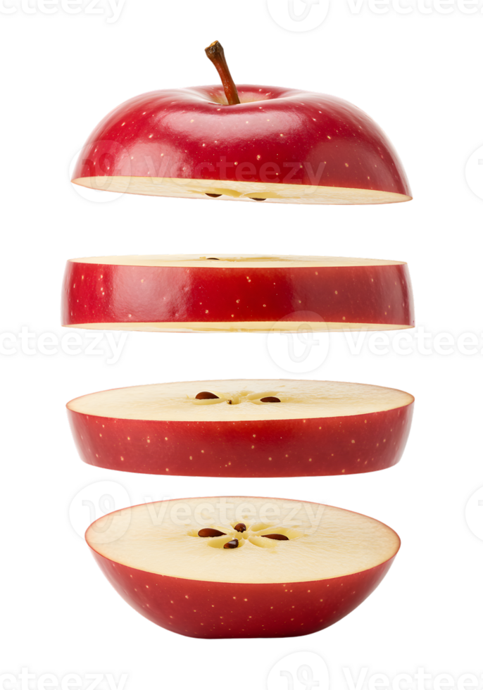 Deconstructed floating apple slices against a stark on transparent background create a modern still life png