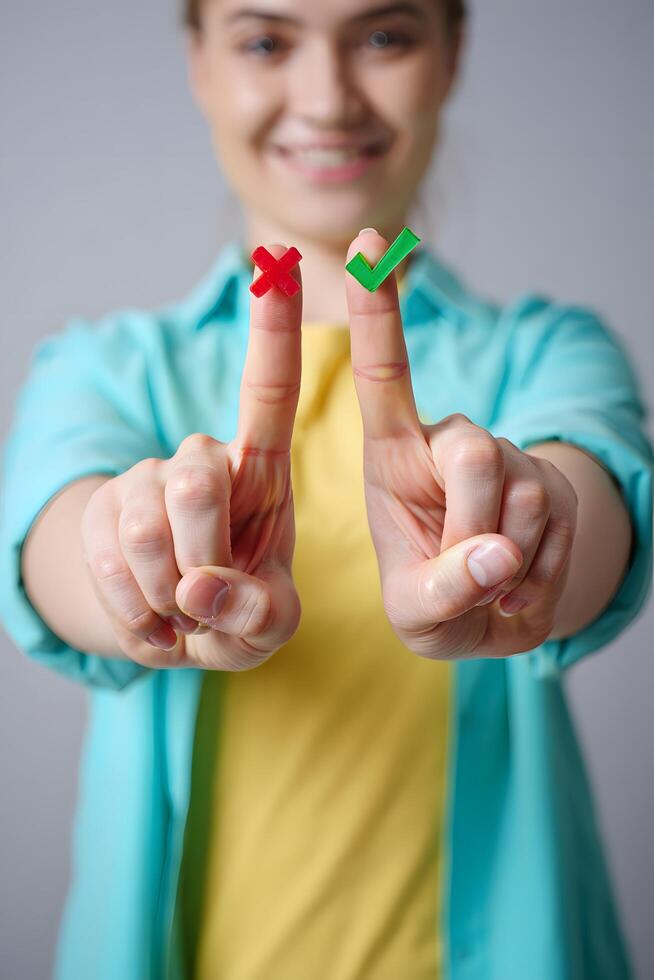 Young Woman Holding Red Cross and Green Check Marks on Fingers photo