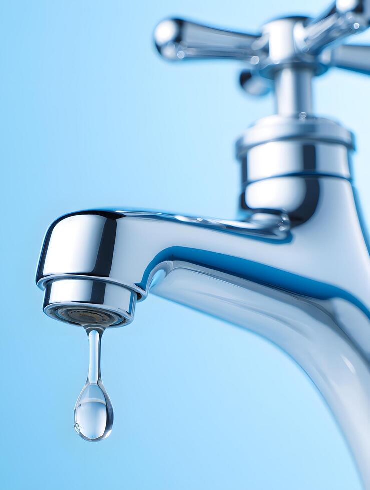 Close-up of Chrome Faucet with Water Drop on Blue Background photo