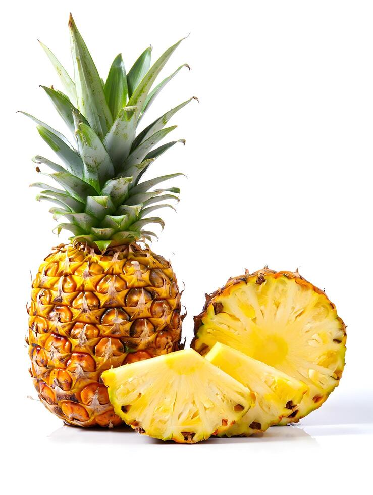 Fresh Whole and Sliced Pineapple on White Background Tropical Fruit Closeup photo