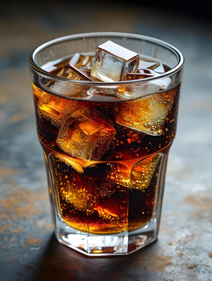 Refreshing Glass of Cola with Ice Cubes and Bubbles on Rustic Background photo