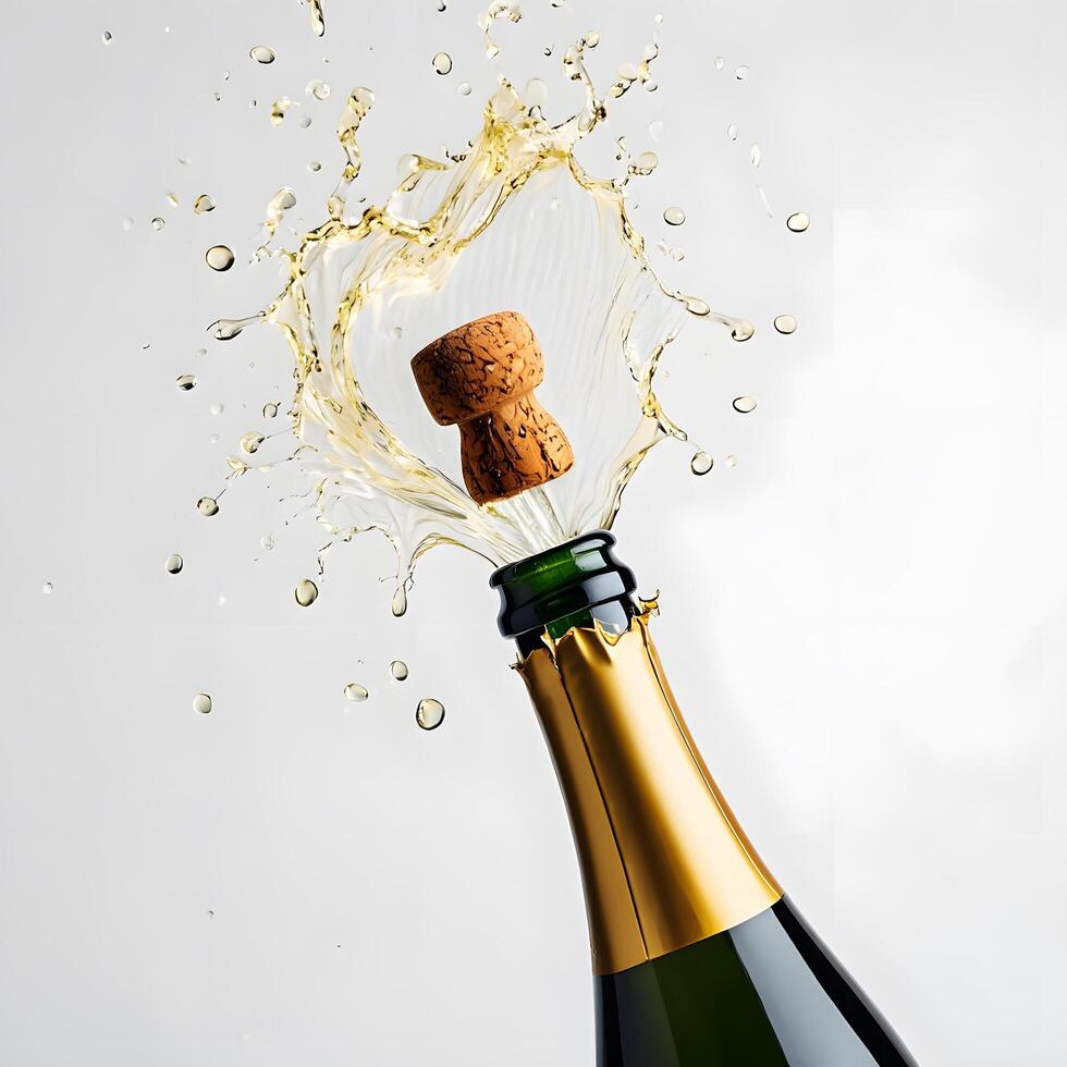 Champagne Bottle Popping with Splash and Flying Cork on White Background photo