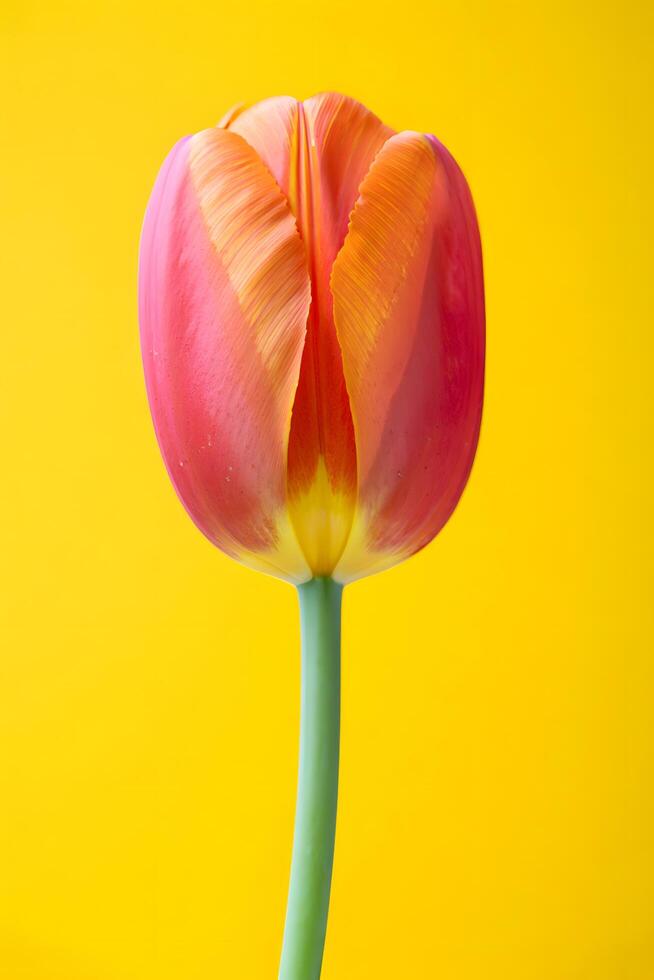 Single Red and Yellow Tulip on Bright Yellow Background Minimal Floral Concept photo