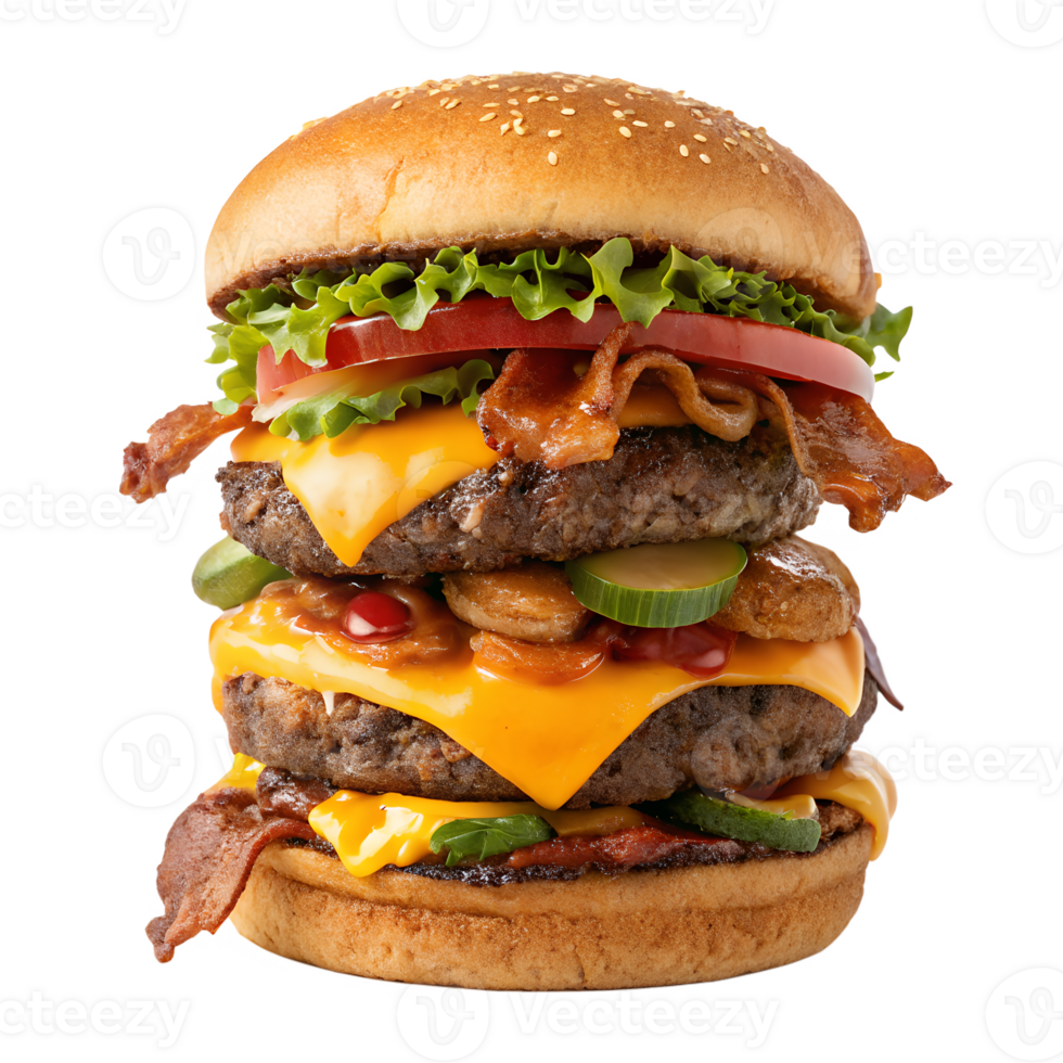 Delicious Gourmet Hamburger Stacked High with Crispy Bacon Cheddar Cheese and Fresh Veggies png