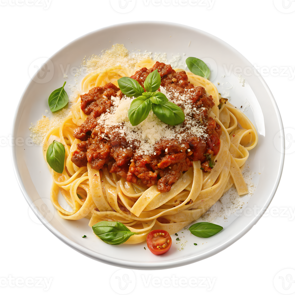 Realistic Plate of Delicious Pasta Bolognese with Rich Meat Sauce and Fresh Basil png