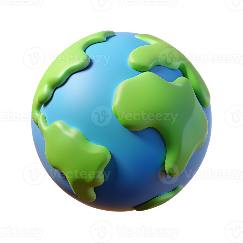 Rounded 3D Planet Earth with Bright Green Landmasses and Blue Oceans in Minimalistic Cartoon Style png