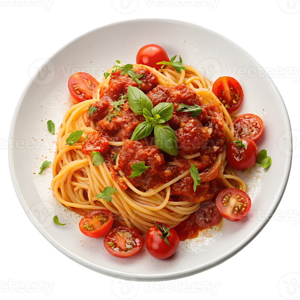 Plate of Delicious Pasta Bolognese with Rich Meat Sauce and Fresh Basil png