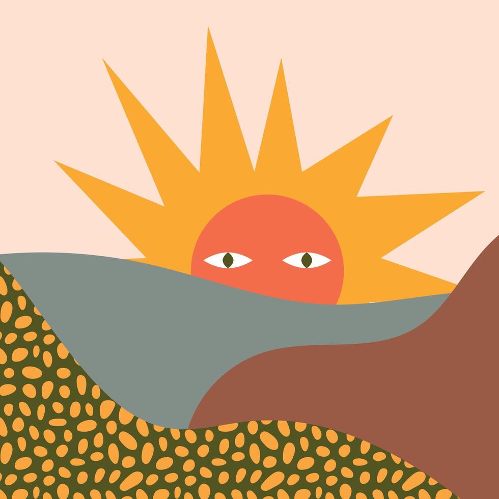 Surreal Sun Rising Over Abstract Landscape Illustration. illustration depicting a surreal sun with eyes rising over an abstract landscape of hills and patterns in warm colors vector