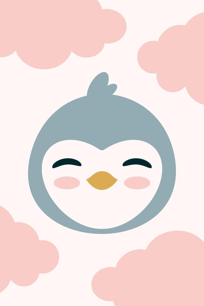 Cute Smiling Penguin Face with Pink Clouds Illustration. Ideal for children's decor and designs, this charming image exudes warmth and playfulness. vector